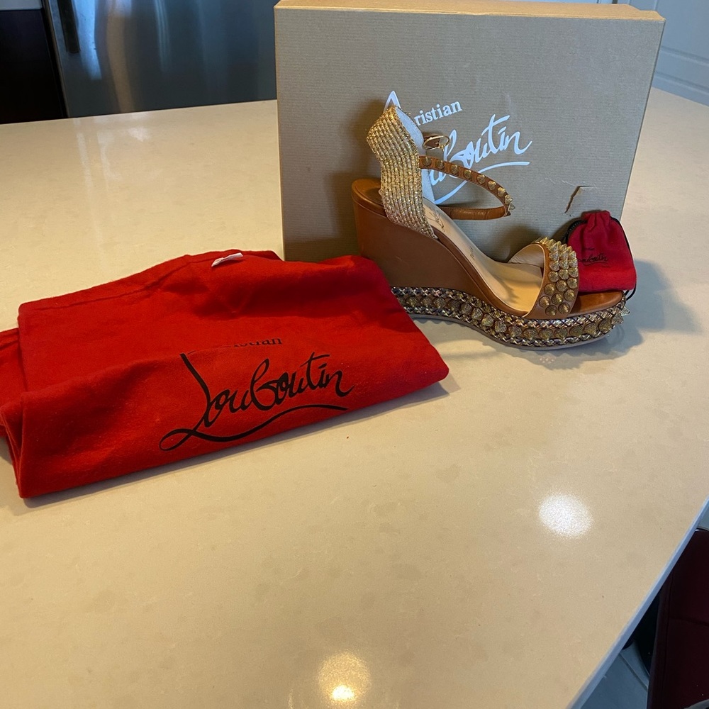 Christian Louboutin brown and gold wedges